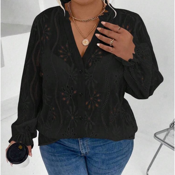 Boho Plus Size Embroidered Hollow Out Frilled Top Blouse Button Up Shirt Black - Picture 3 of 13